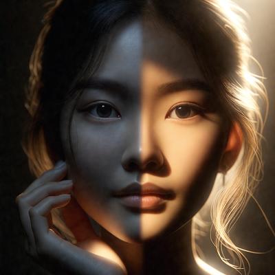 The primary subject of the image is a woman with a split face, showcasing both her light and dark sides. She is wearing earrings and has her hand on her face. The setting is a dark room, and the visual style is a black and white photo. The dominant colors are black and white, creating a dramatic and moody atmosphere.